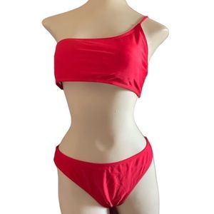 Ribbed One Shoulder Bikini 2 piece swimsuit bathing suit red size medium padded*